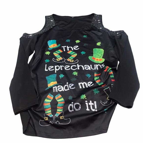 Womens Top XXL Leprechaun St Patricks Holiday Party cold shoulder long sleeve - Picture 4 of 10